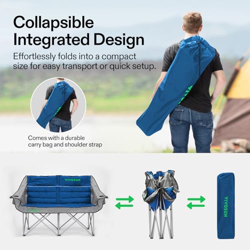VIVOSUN Double Camping Chair, Fully Padded Folding Loveseat, Oversized Duo Chair with Cup & Wine Glass Holders, Pocket, Ar...