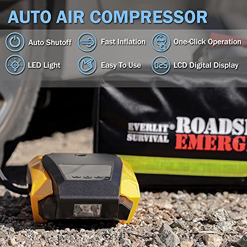 Everlit Survival Car Emergency Kit, Roadside Safety Tool Kit with Gloves,Digital Auto Air Compressor Tire Inflator, First ...