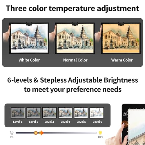 Rechargeable A3 Light Pad for Diamond Painting,Tracing Light Box with Stand and Clip,3 Colors Stepless Dimmable and 6 Leve...
