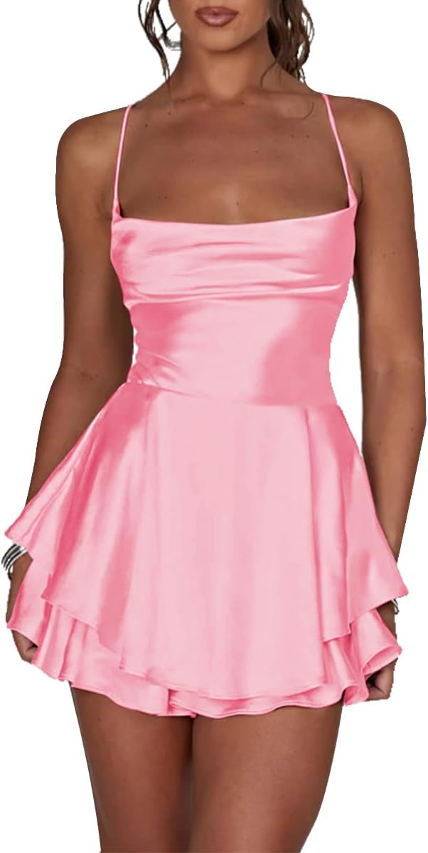 LuFeng Women's Elegant Satin A-line Summer Sleevesless Rompers Bandage Back Spaghetti Strape Tiered Mini Dress Jumpsuits