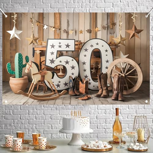 MOXDBT 50th Birthday Western Cowboy Backdrop Banner - Rustic Wild West Theme Polyester Photo Background for Party Decor, 7...