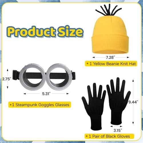 3 Pcs Halloween Costumes Accessories Adult Yellow Beanie Goggles Hat Gloves for Kids Family Funny Cosplay Party Gift