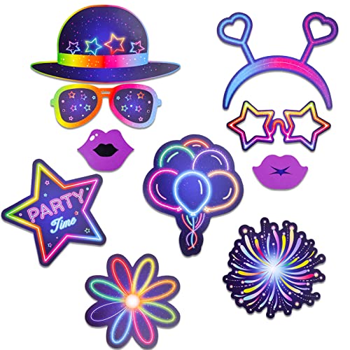 Qpout 25 Pieces Glow Party Photo Props, Neon Party Photo Booth Props, Fluorescent Selfie Props, Glow in The Dark Party Pho...