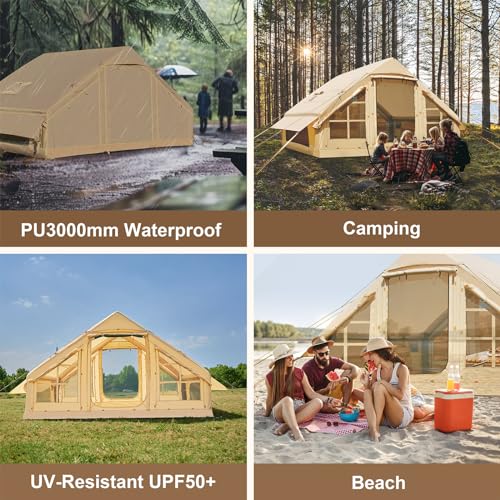 Upgraded Inflatable Camping Tents, 4 Season Blow Up Tent with Stove Jack & Hand Pump Air Glamping Tents for Camping with M...