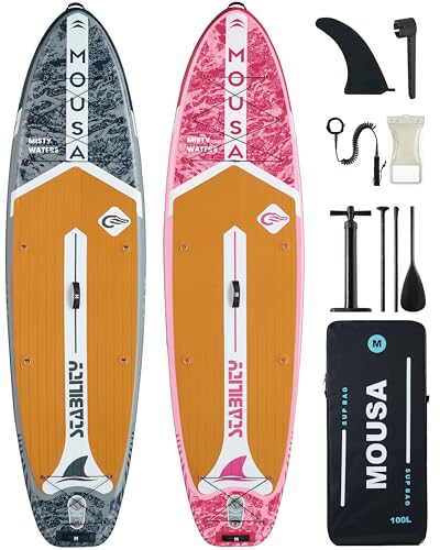 MOUSA 11'×35" Inflatable SUP Board Bundle – 2 Colors (Gray & Pink), Stable Paddleboard for 2 People, Full EVA Deck, 100L B...
