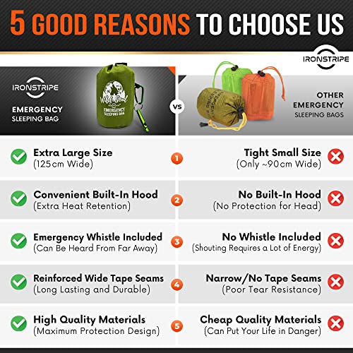 Ironstripe Bivy Sack XL Waterproof Survival Sleeping Bag with Emergency Whistle, Built-in Hood & Thermal Mylar - Tear & Pu...