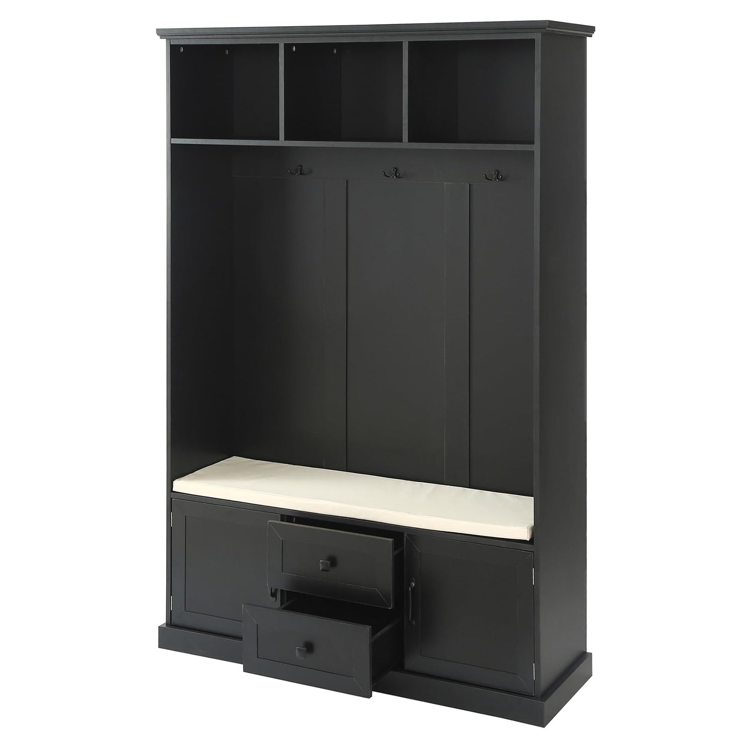 YHAOWORKS Farmhouse Hall Tree with Bench - Entryway Bench with Coat Rack and Storage, Wood Coat Tree Cabinet with Shoe Storage & Stool & Hooks & Door & Drawer for Hallway, Living Room, Mudroom, Black