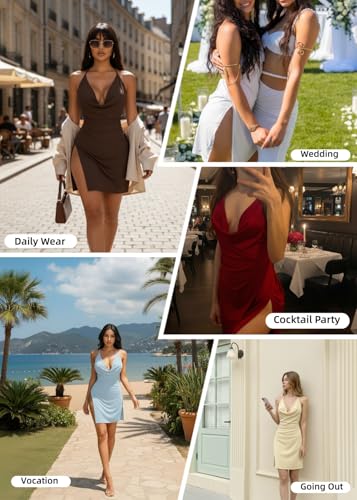 JOTWIS Women's Sexy Backless V Neck Mini Dress High Slit Club Night Out Party Cocktail Dresses