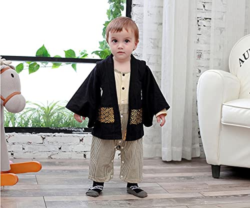 SZCQ Baby Boy Kimono Romper Suit Japanese Costumes Infant Cotton Samurai Outfits Beige XL(2-3Year)