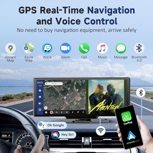Wireless Portable Carplay Screen for Car - 10.26Inch Carplay & Android Auto Car Touch Stereo, with 4K Dash Cam, Backup Cam...