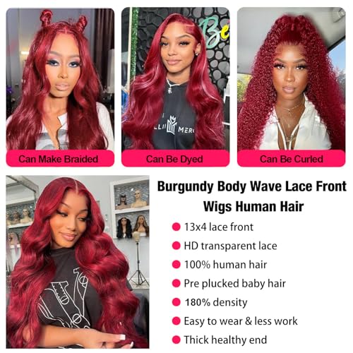 99j Burgundy Lace Front Wigs Human Hair 26 Inch 13x4 Body Wave Lace Front Burgundy Wigs Human Hair Pre Plucked With Baby Hair Glueless Wine Red Body Wave Wig HD Transparent Frontal Wig for Women