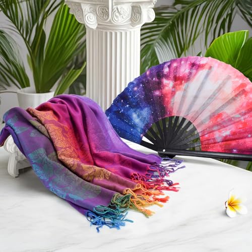 Jucoan Large Rave Fan and Pashmina Rave Scarf Floral Shawl Wrap Set for Women, 2- in-1 Rave Essential Bamboo Folding Clack...