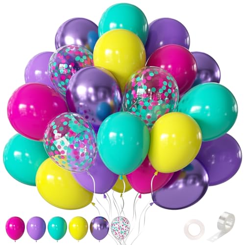 CVPARTYON Pink Blue Purple Balloon, 60 Pcs 12 Inches Hot Pink Metallic Purple Yellow Confetti Balloons for Birthday Party ...