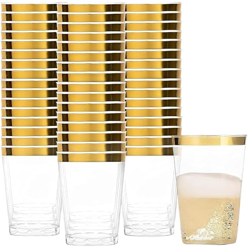 BLUESKY Elegant Gold Rim Plastic Tumblers - 8oz Crystal Clear Plastic Cups (50 Count) Disposable Clear Cups For Wine & Col...