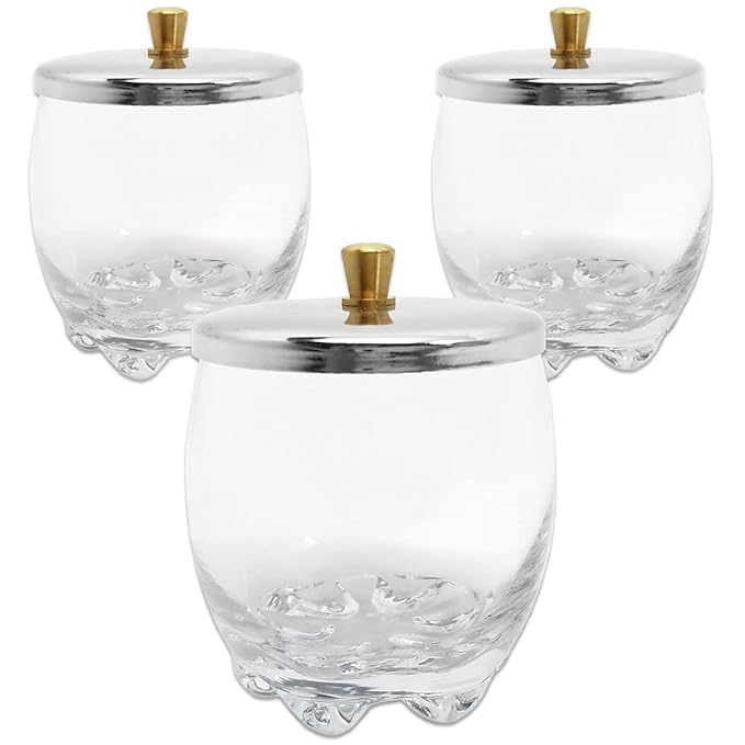 Beauticom Crystal Glass Dappen Dish for Acrylic Nail Dip Powder, Monomer, and Nail Polish Remover (Round Shape w/Stainless Steel Lid, 3 Pieces)