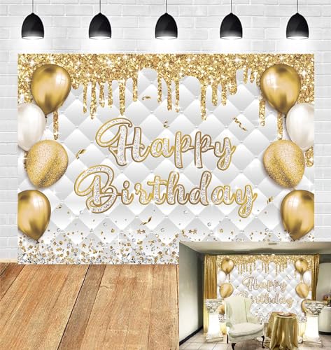 PGSWEER 7x5ft White Gold Birthday Backdrop Glitter Sequins Balloon Diamond Fluid Background Women Girls Men Luxury Party B...