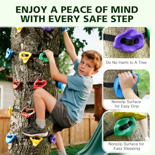 TOPNEW 12 Ninja Tree Climbing Holds for Kids Climber, Adult Climbing Rocks with 6 Ratchet Straps for Outdoor Ninja Warrior...