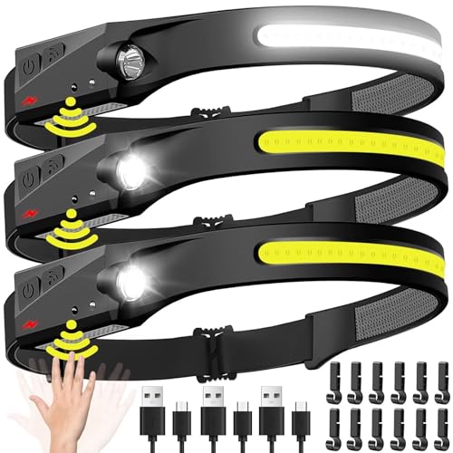 Headlamp Rechargeable 3PCS, 230° Wide Beam Head Lamp LED with Motion Sensor for Adults - Camping Accessories Gear, Waterpr...