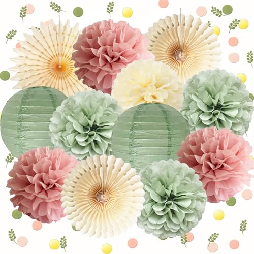 Dusty Pink and Sage Green Party Decorations Dusty Rose Sage Green Tissue Pom Poms Paper Lanterns Confetti Dots Scatter Tab...