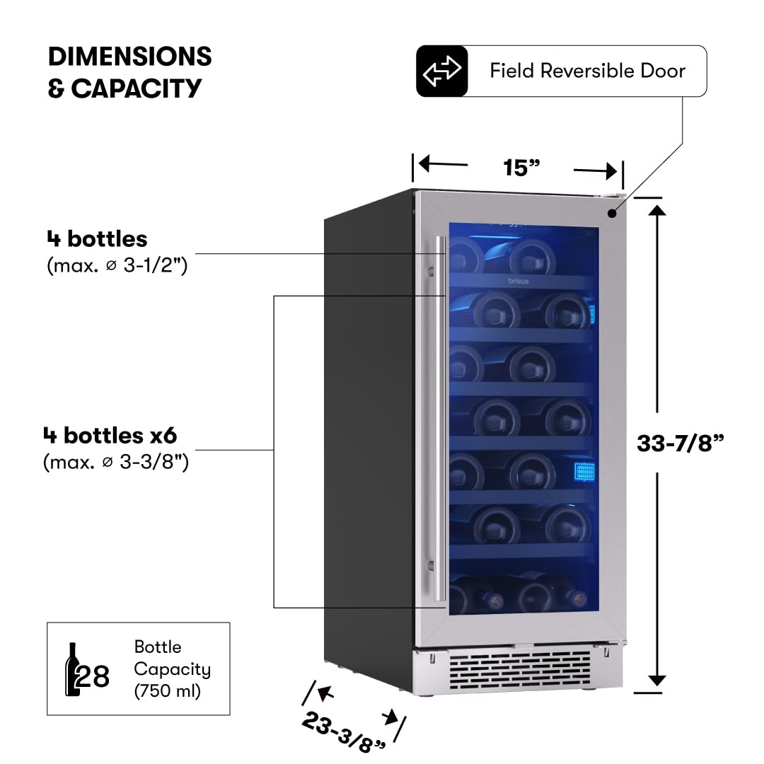 Zephyr Brisas 15 Inch Slim Wine Fridge Single Zone Under Counter - Narrow Mini Wine Cooler Small Cabinet Wine Refrigerator Home Bar Freestanding with Glass Door - 28 x 750ml Bottles