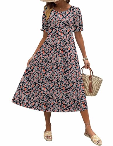 Zeagoo Womens Summer Dress Casual Midi Dresses 2026 Short Puff Sleeve Flare Dress Pleated Flowy Sundress with Pockets