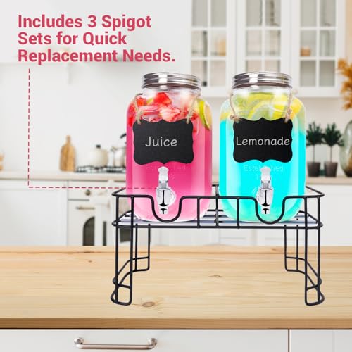 2PCS 1 Gallon Glass Drink Dispensers for Parties, Beverage Dispenser with Stand and Spigot, Used as Lemonade Dispenser Dri...