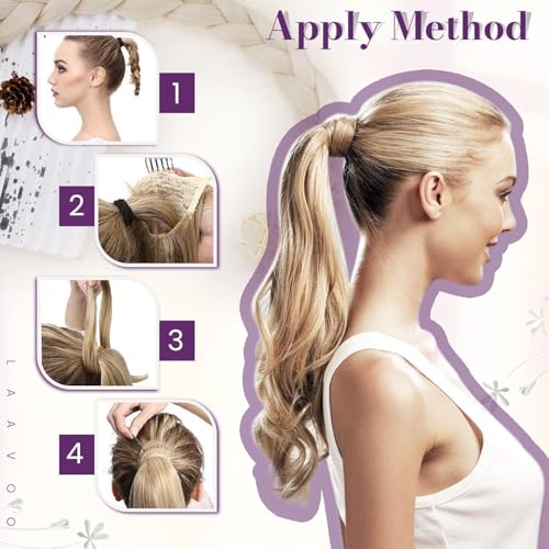 LaaVoo Ponytail Extension Human Hair 20 Inch Ponytail Hair Extensions Caramel Blonde Balayage Brown 80g