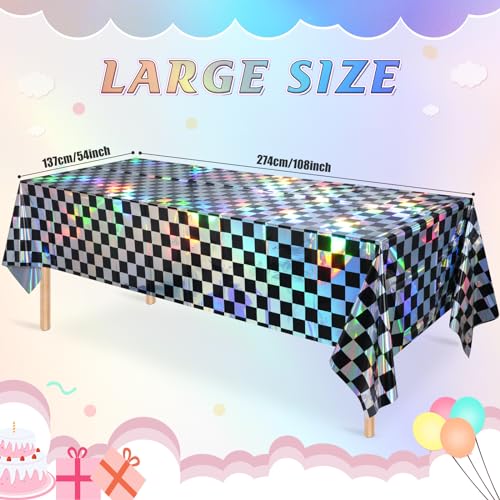 3Pack Black and Iridescent Checkered Plastic Tablecloth, Shiny Disposable Laser Rectangle Table Covers, Holographic Foil T...