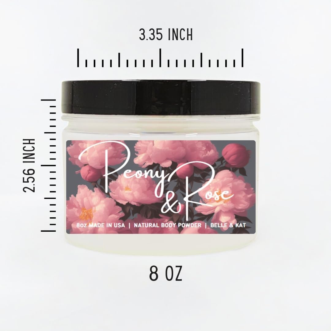 Body Powder for Men & Women Scented Peony & Rose, Bath Perfume Dusting Powder with Fragrance & Essential Oils, Talc Free 8oz Container, Made in USA