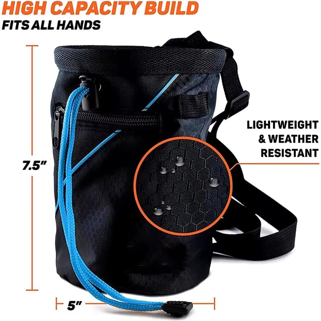 Chalk Bag for Rock Climbing with Quick-Clip Belt, Large Zippered Pockets & Brush Holder - Weight Lifting, Gym, Bouldering,...