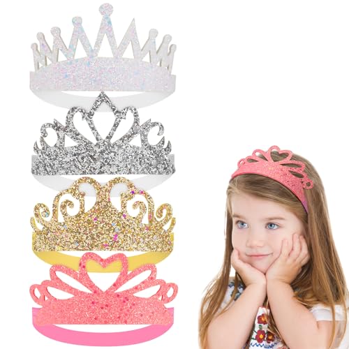 4 Pcs Glitter Tiara Headbands for Girls Elastic Princess Crown Hair Bands Stretch Sparkly Hair Bands for Toddler Girl