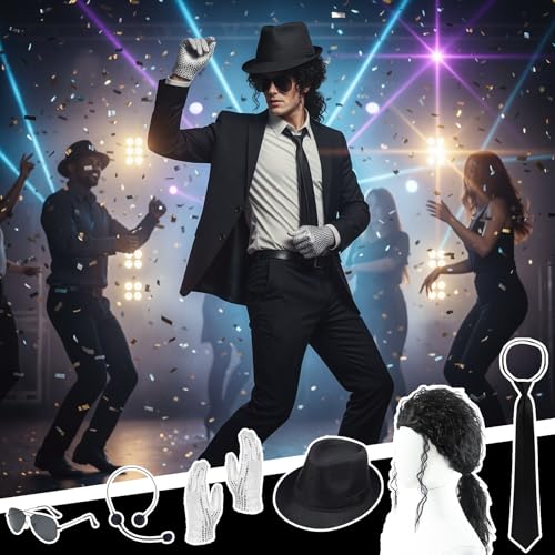 Pop Star Costume 6 Pcs Pop Rockstar Dance Costume Accessories Include Black Hat Glasses Tie Sequins Gloves Balck Curly Wig...