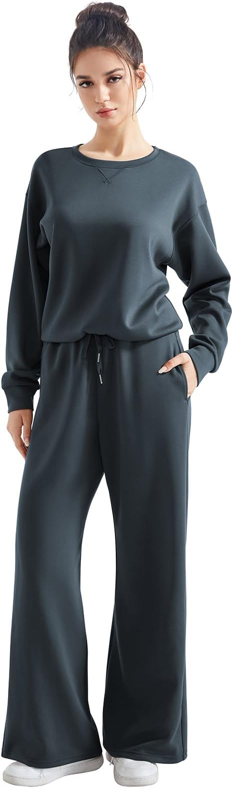SUUKSESS Women Modal Fall 2 piece outfits Oversized Sweatshirt Wide Leg Pants