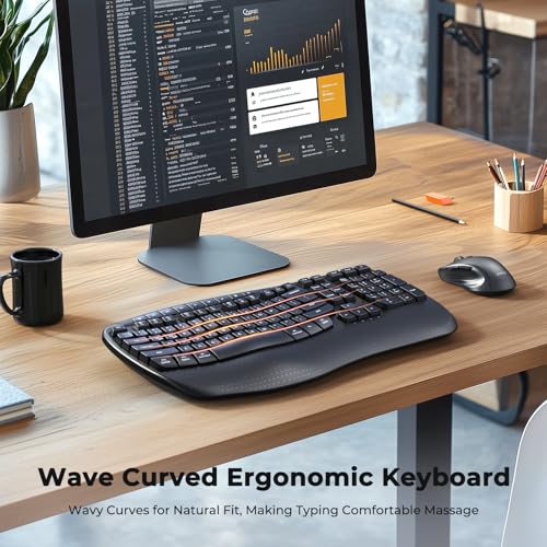 MEETION Ergonomic Keyboard and Mouse Wireless Combo, Wave Keys Natural Typing, 2.4G USB Receiver Wireless Keyboard with Wr...