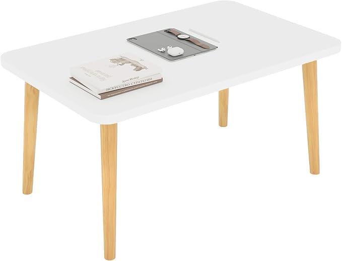 Funecy Coffee Table Low Table with Solid Wood Sturdy Legs, Floor Table Desk for Sitting on The Floor, Storage and Living Room Furniture (White-Square)