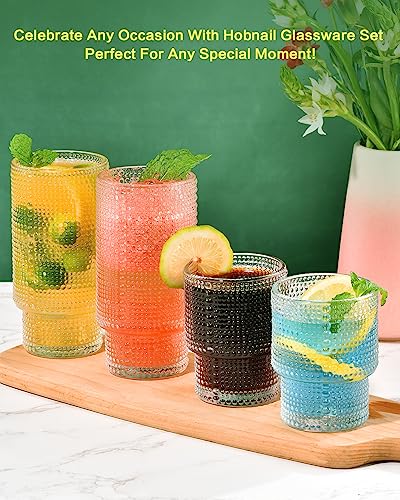 ISMASOAN Hobnail Drinking Glasses Set of 12, Stackable Glasses 12 oz and 7 oz, Bubble Glasses Drinking, Vintage Glassware,...