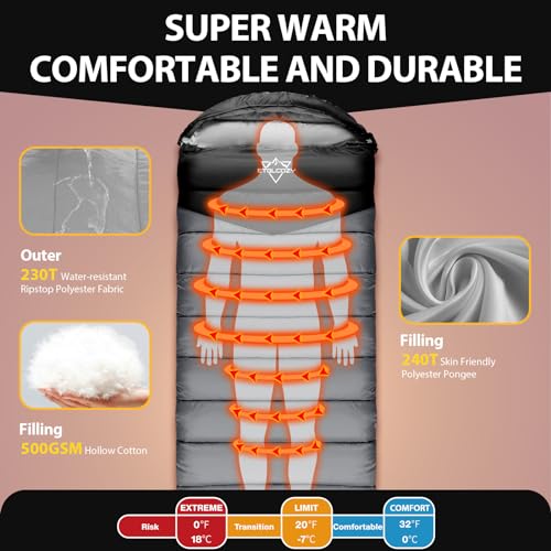 ETGLCOZY Sleeping Bag for Adults Cold Weather & Warm, Lightweight Backpacking Camping Hiking Essentials Gear for Kids 10-1...