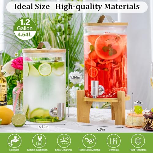 1.2 Gallon Large Glass Drink Dispenser For Parties, Beverage Dispenser with Bamboo Wood Stand and Stainless Steel Spigot, ...