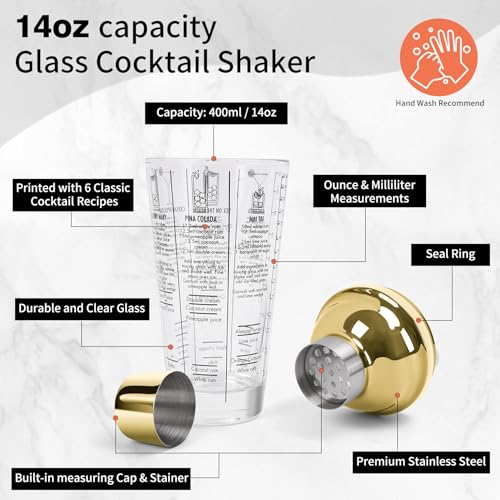 SAVORLIVING 14oz Glass Cocktail Shaker Set, Margarita Mixer-Shaker with Built-in Strainer and Measuring Jigger & Mixing Sp...