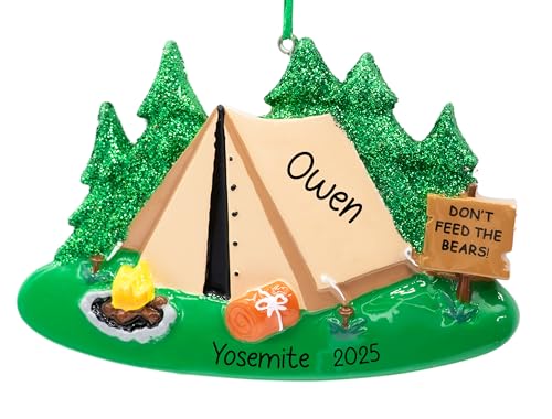 UniqXmas Personalized Camping Christmas Ornament 2025 for Campers - Free Customization | Tent with Glitter Trees Campfire ...