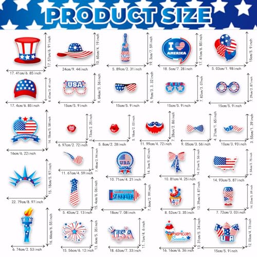 Independence Day Photo Booth Props with Sticks,4th of July Photo Booth Props,Patriotic Party Decorations (25CT)