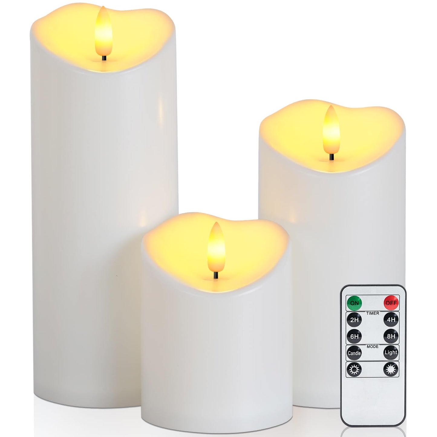 Raycare 3"x4"6" 8" Outdoor Waterproof Flameless Candles, Battery Operated LED Candles with Remote Control and Timer, Electric Fake Plastic Pillar Candles, Ivory White, Set of 3