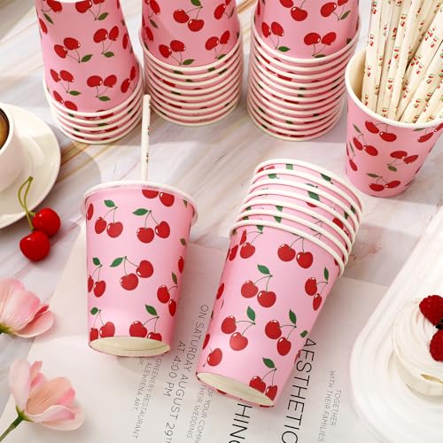 50 Sets Cherry Paper Cups with Paper Straws Plastic Lids 12OZ Disposable Coffee Tea Cups for Summer Fruit Birthday Party J...