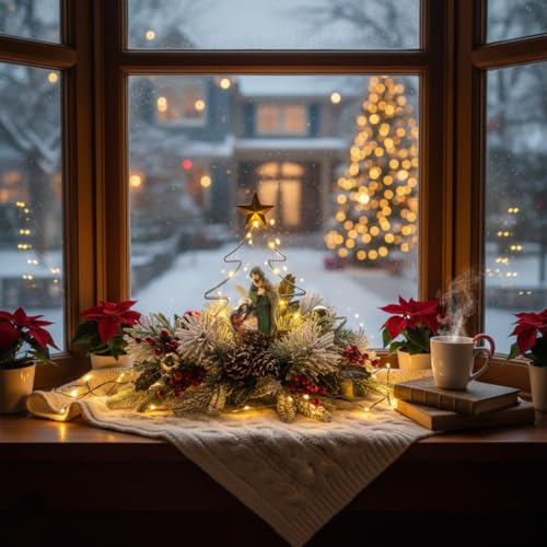 Eksen Nativity LED Tabletop Christmas Tree Centerpiece, Holy Family Scene with Warm Lights, Snowy Pine & Red Berry Accents...
