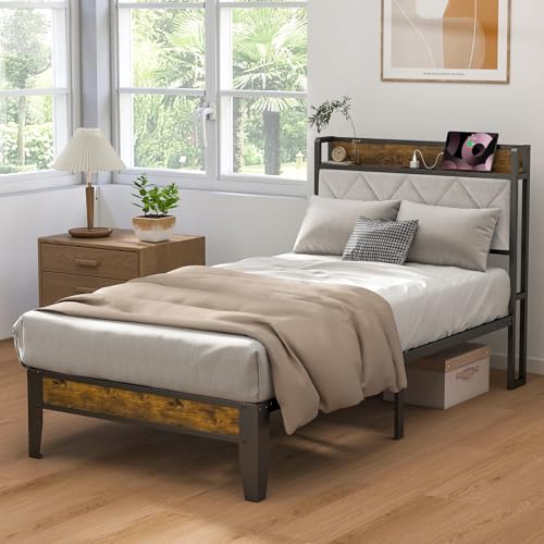 Sweetcrispy Twin Bed Frame with Headboard,Spacious Underbed Storage,Integrated Charging Station,Durable Squeak-Free Frame,Simple No-Tool Assembly,Works with Twin Mattress No Box Spring Required