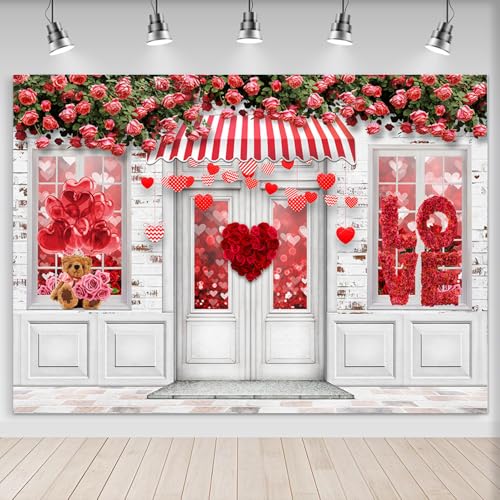 Mocsicka Valentine's Day Store Photography Backdrop Red Love Hearts Roses Rustic Brick Wall Party Decorations Floral Windo...