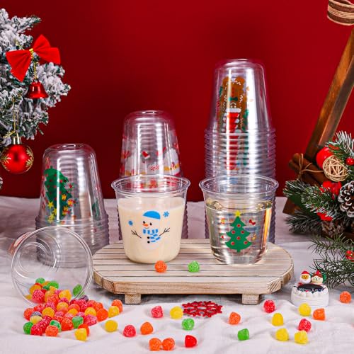 Whaline 60Pcs Christmas Plastic Cups 12 Oz Winter Snowman Gingerbread Man Santa Xmas tree Disposable Clear Stemless Wine C...
