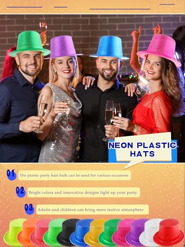 SGBETTER 24 Pack Neon Top Hats Glitter Plastic Top Hat Colorful Magician Hat Bright Party Hats for Adult Kids Photo Booth ...