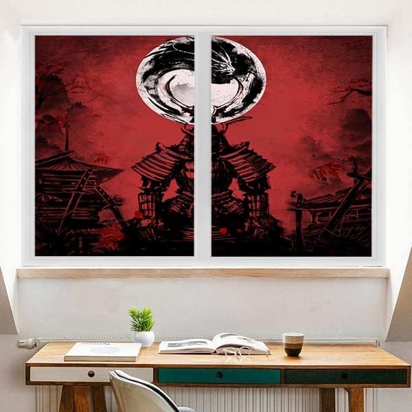 Japanese Samurai Window Film Abstract Vintage Samurai Blossom Dragon Full Moonstained Glass Window Film,Playroom Window Film,Nursery Window Film 23.6Wx35.4L-Inch X2Pcs