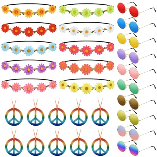 NEBURORA 30Pcs Hippie Accessories 60s 70s Hippie Costume Accessories Set Daisy Headband Peace Sign Necklaces Hippie Sungla...